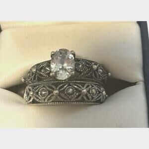 Vintage Art Deco Style Sterling Silver Bridal Set- Oval CA & Marcasite Accents